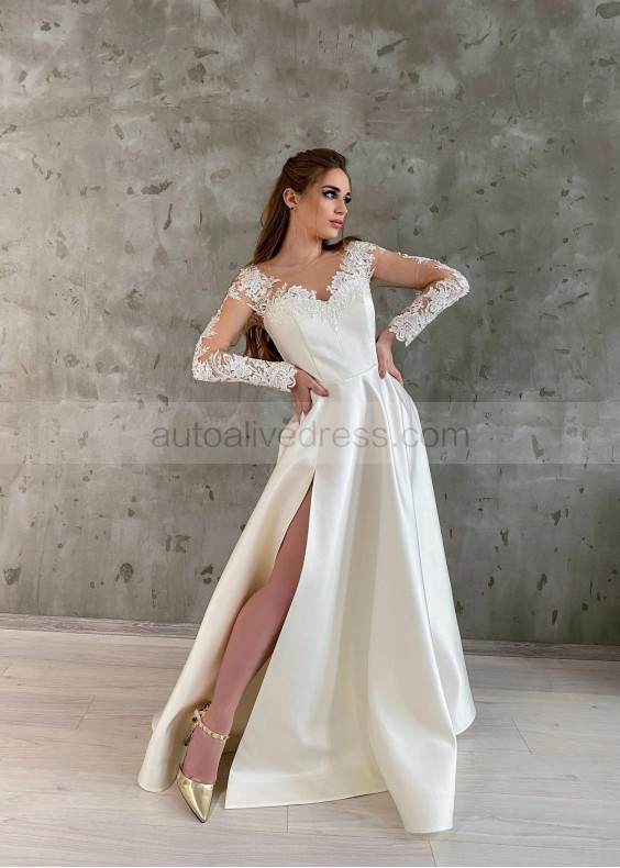Long Sleeves Beaded Ivory Lace Satin High Slit Wedding Dress